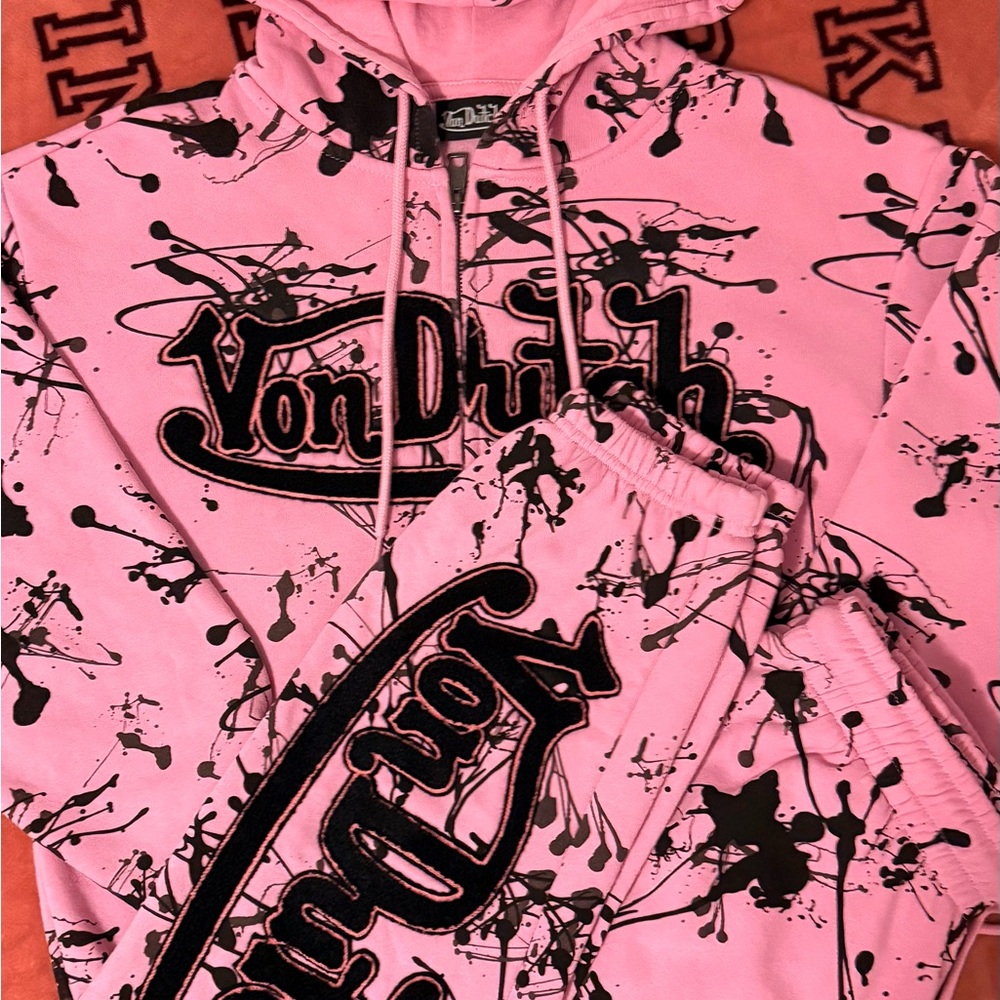 Von Dutch Pink Hoodie and Pants with Black Splatter